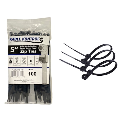 Kable Kontrol Cable Tie, 5 in L, 3 in Max Bundle Dia., Black, Nylon 6/6, 40 lb Strength, 100 PK MHT5-40-Black